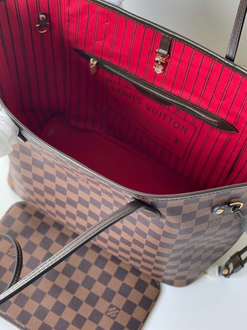 Luxury Brown Check Tote Bag with Red Interior